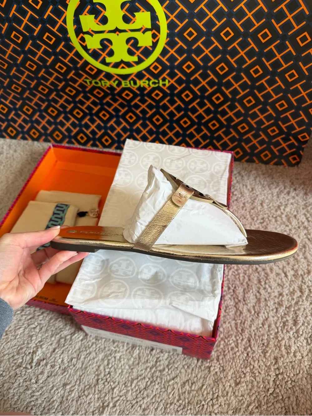 Tory Burch Miller Soft Metallic Wrinkled Leather Sandals Spark Gold Size 12